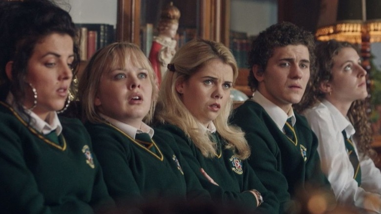 Derry Girls characters (from L to R): Michelle, Claire, Erin, James, and Orla