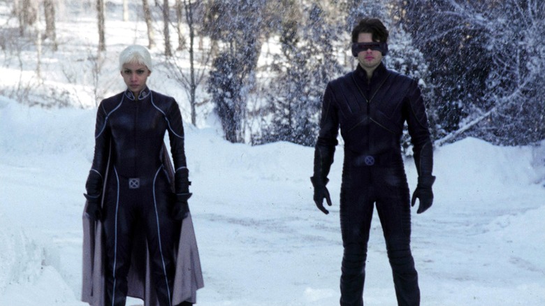 Storm and Cyclops standing in snowstorm (2000)