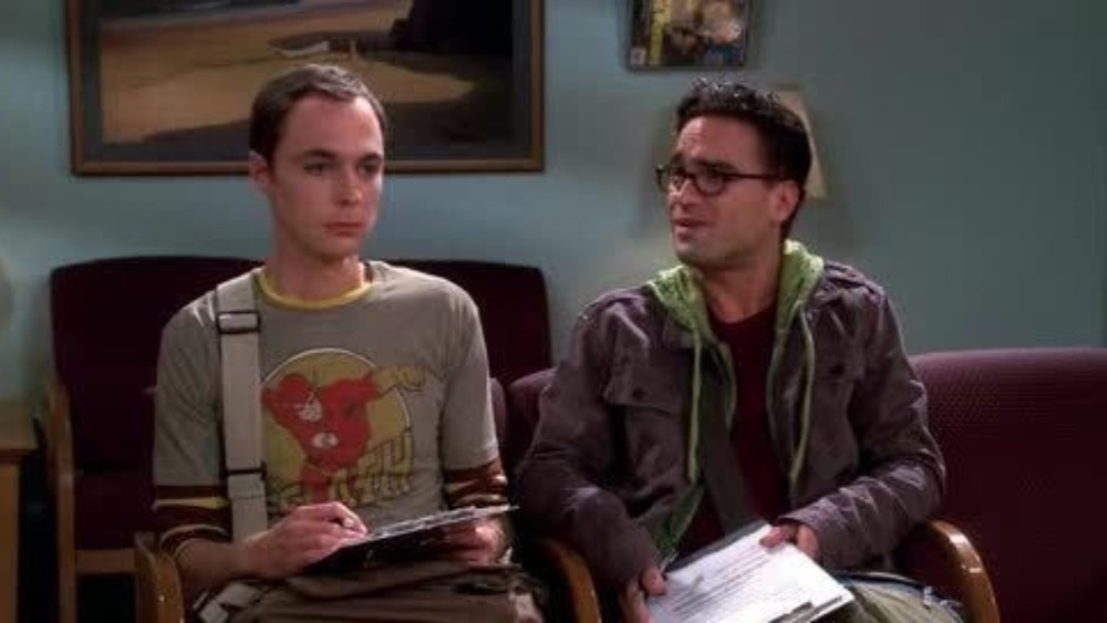 Sheldon Cooper (Jim Parsons) and Leonard (Johnny Galecki) fill out paperwork on The Big Bang Theory