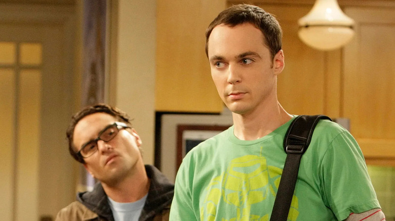 Jim Parsons as Sheldon and Johnny Galecki as Leonard staring