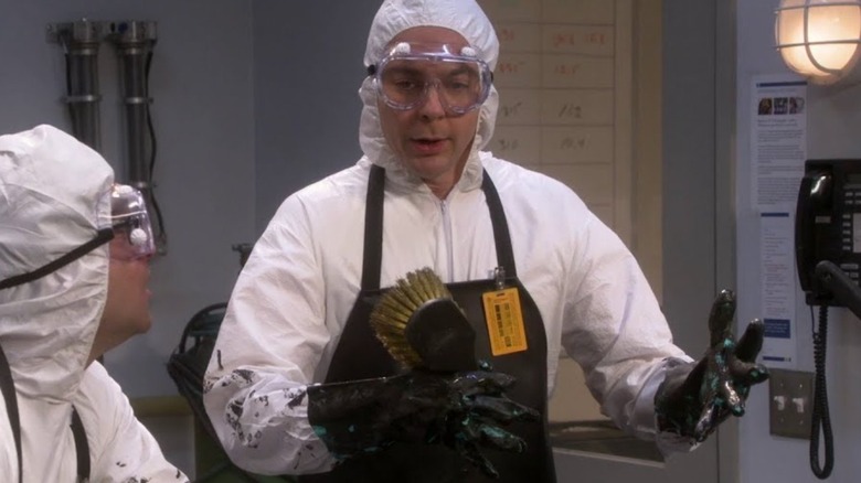 Sheldon wearing protective clothing on The Big Bang Theory