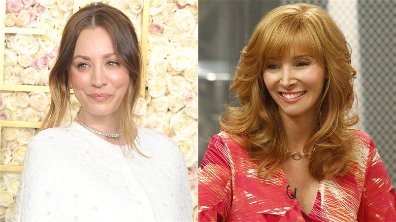 Kaley Cuoco at the 82nd Annual Golden Globe Awards smiling, split with an image of Valerie Cherish smiling in The Comeback