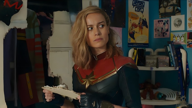 Captain Marvel looking concerned in The Marvels