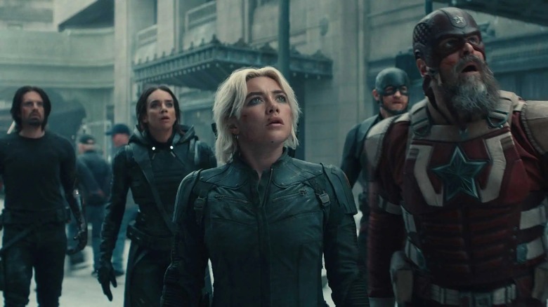 The titular team of Thunderbolts* looking up in shock (2025)