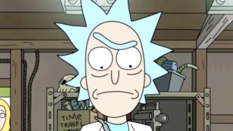 Rick Sanchez frowning in garage