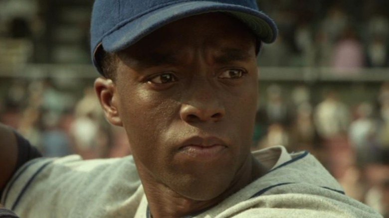 42 Chadwick Boseman prepares for a pitch