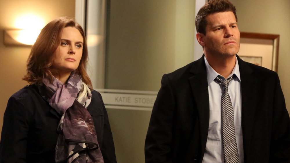 Emily Deschanel as Bones and David Boreanaz as Booth on Bones