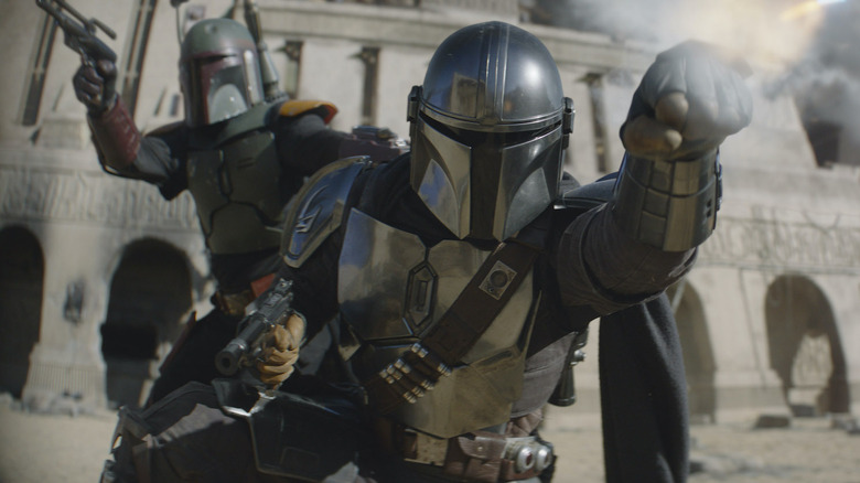 Boba Fett and the Mandalorian fighting