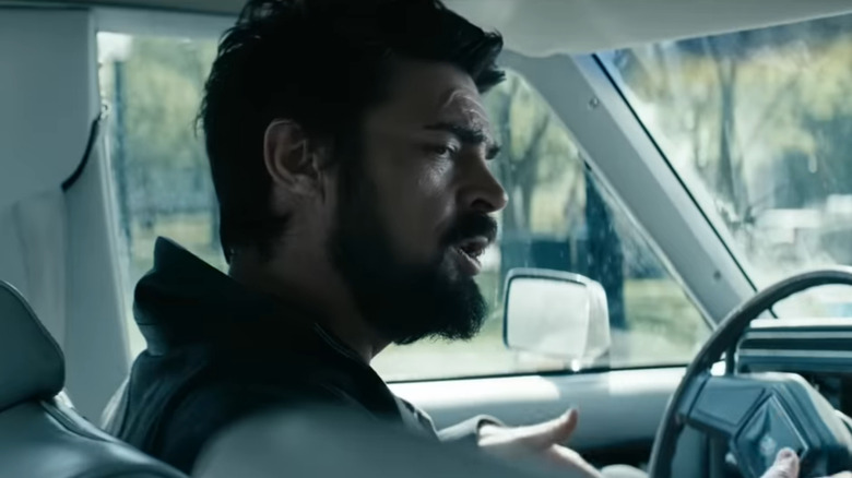 Billy Butcher talking animatedly in car