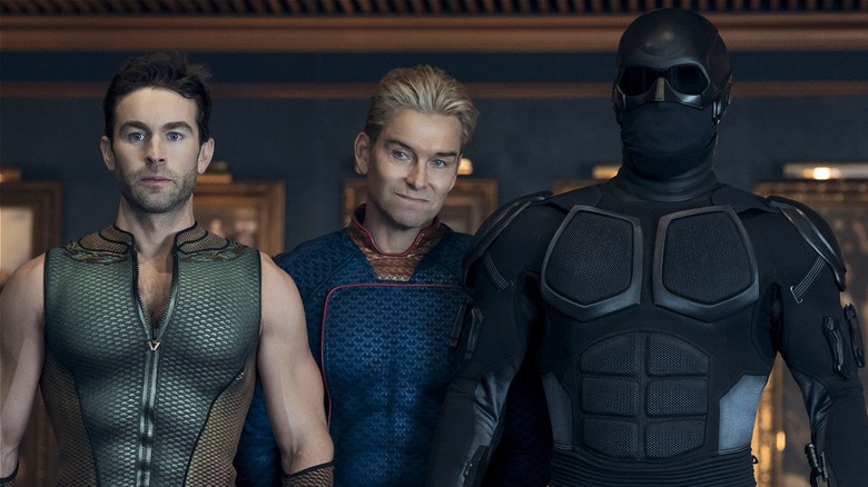 Homelander standing behind The Deep and Black Noir on Season 5 of "The Boys" (2026)