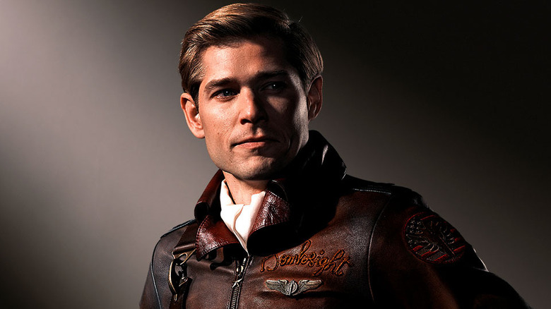 Bombsight wearing a pilot's leather jacket on Vought Rising