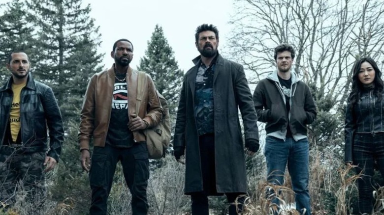 Frenchie, M.M., Butcher, Hughie, and Kimiko standing in a line in "The Boys" (2019-2026)