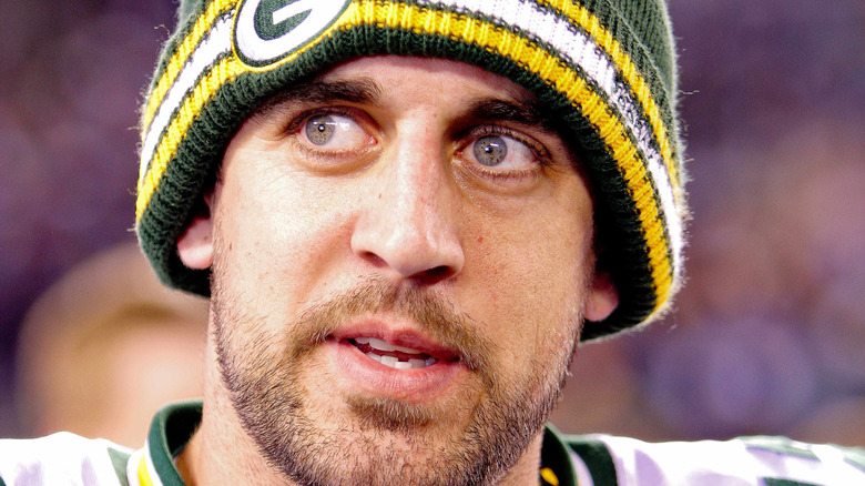 Aaron Rodgers looking to the side