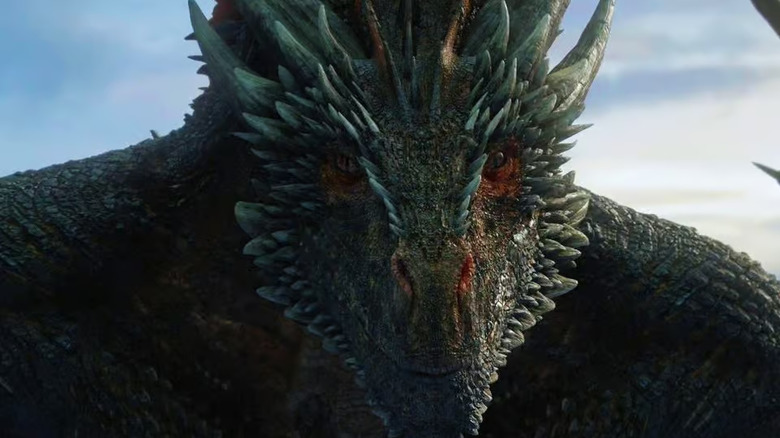 A giant dragon snarling in close-up on Game of Thrones