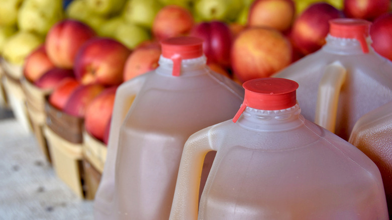 Apple cider jugs alongside apples.