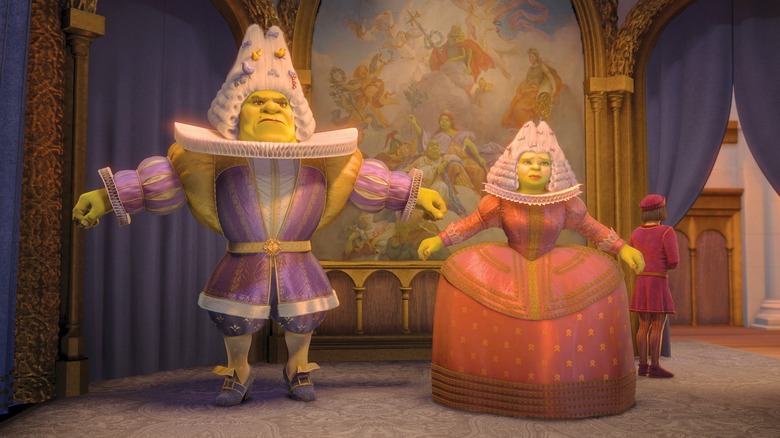 Shrek and Fiona wearing gowns