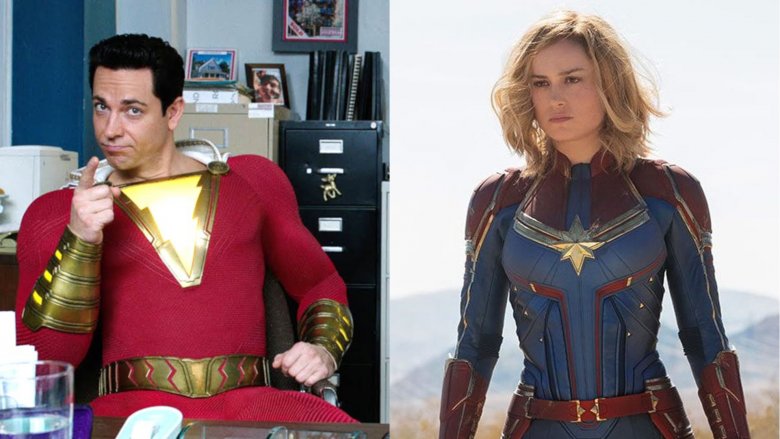 Zachary Levi as Shazam and Brie Larson as Captain Marvel