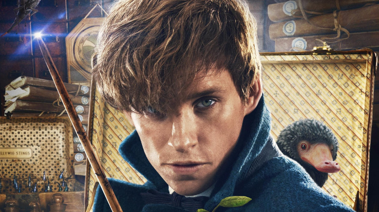 Newt Scamander raising lit wand on 