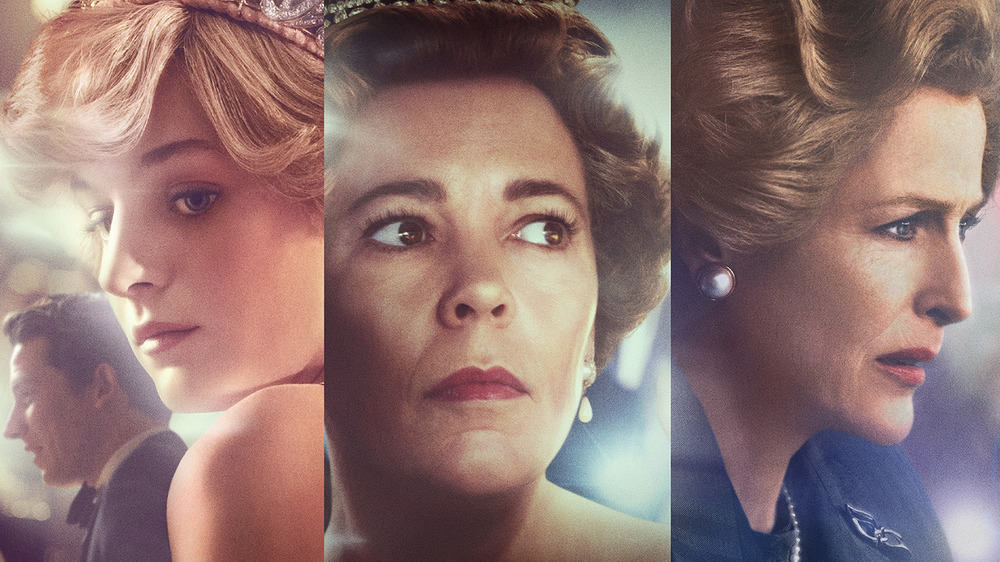 Princess Diana (Emma Corrin), Queen Elizabeth II (Olivia Colman), and Margaret Thatcher (Gillian Anderson) on The Crown