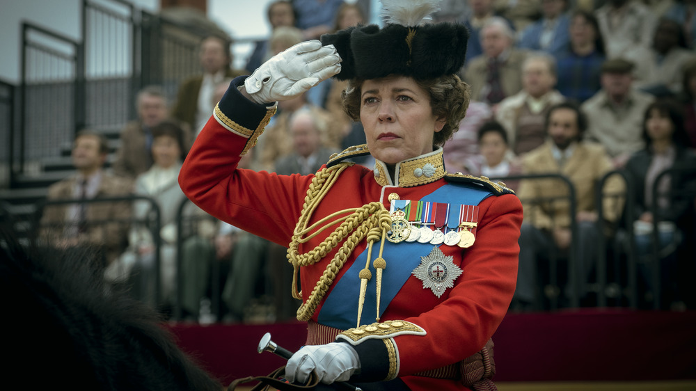 Queen Elizabeth II (Olvia Colman) at the Trooping of the Colours on The Crown Season 4