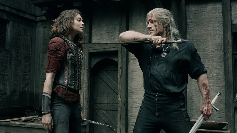 Renfri fighting Geralt in The Witcher
