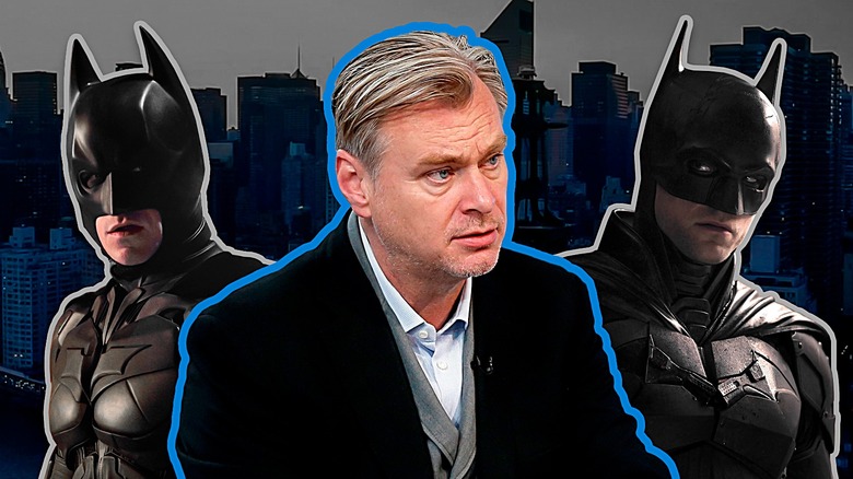 Christian Bale and Robert Pattinson's Batmen looking at Chris Nolan