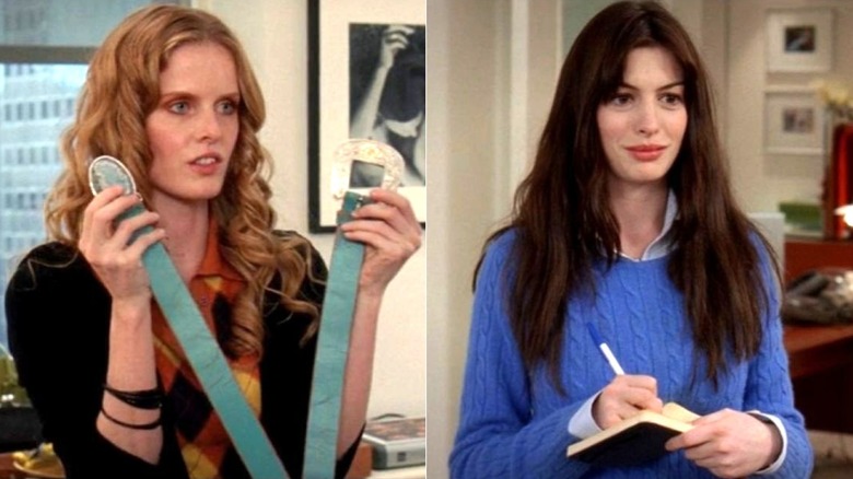 An assistant holds up two belts and Andy Sachs wears a cerulean sweater while taking notes in The Devil Wears Prada (2006)
