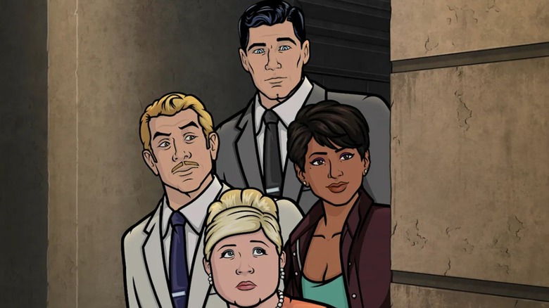 Archer, Pam, Ray, and Zara peep behind a wall