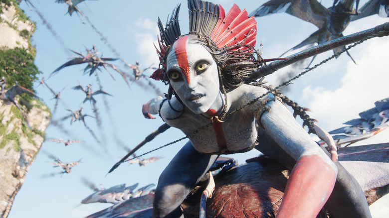 Varang riding an Ikran into battle in Avatar: Fire and Ash