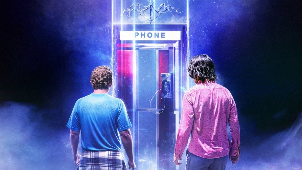 Bill & Ted Face the Music poster art featuring Bill, Ted, and the iconic phone booth