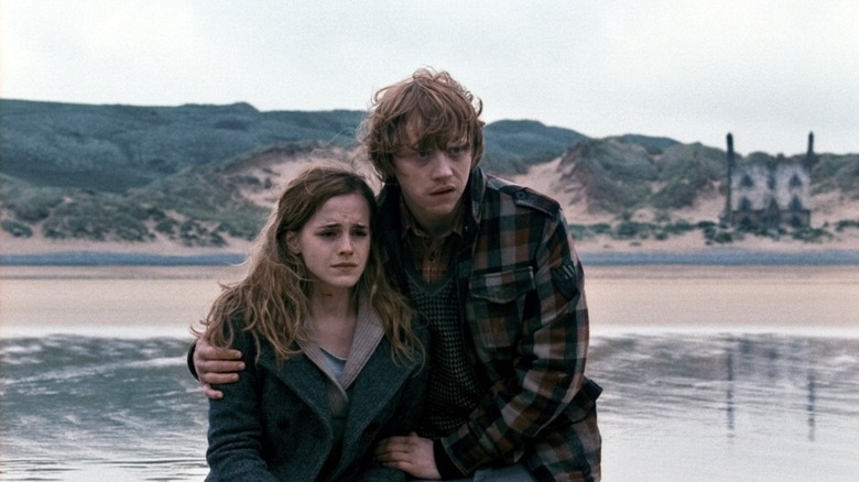 Ron holds Hermione on beach