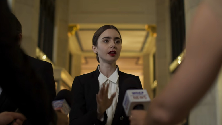 Lily Collins giving interview