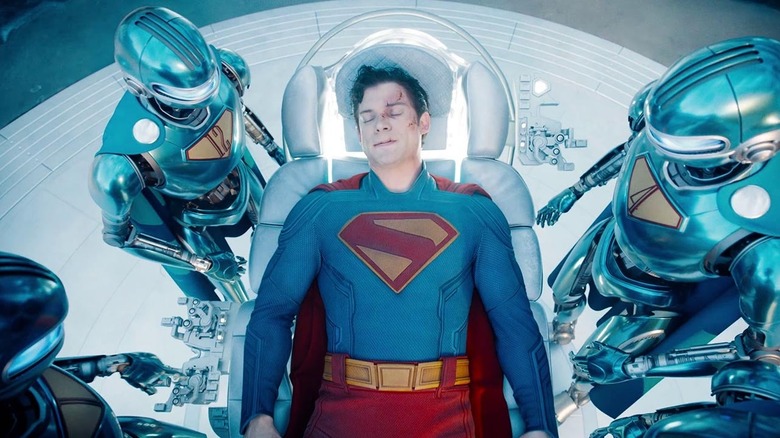 Superman tended by robots in the Fortress of Solitude in "Superman" (2025)