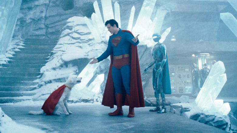Superman talking to Krypto in the Fortress of Solitude in "Superman" (2025)