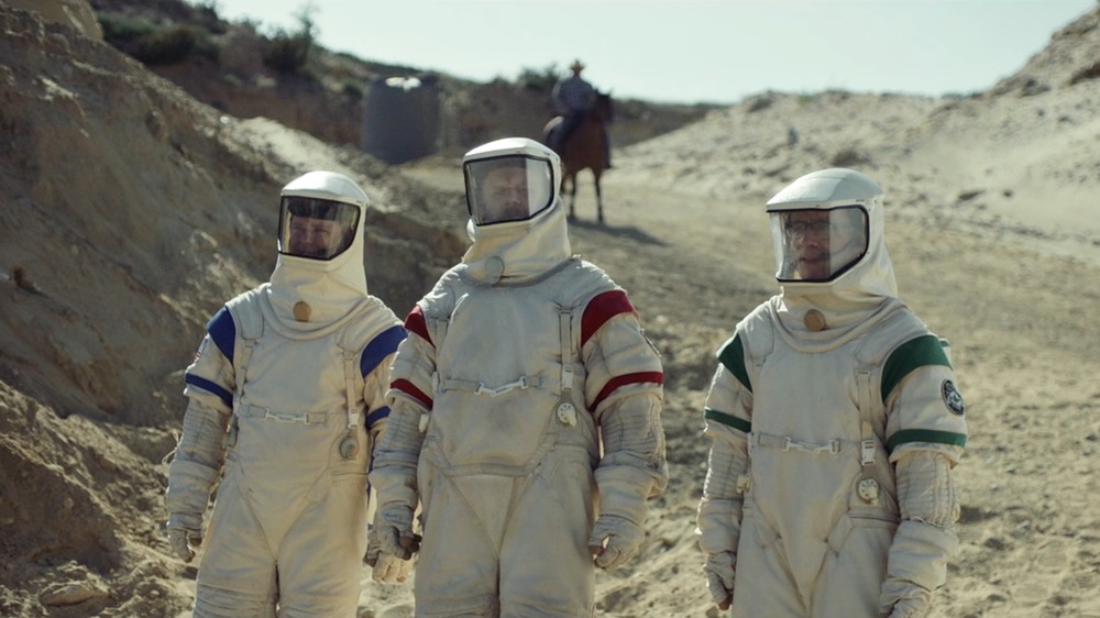 Fred Armisen, Tim Heidecker, and John C. Reilly as Skip, Rook, and Cap on Moonbase 8