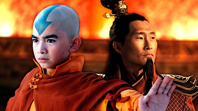 Aang striking a pose and Ozai wearing a stern face