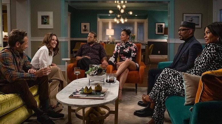 The main characters of You People chatting