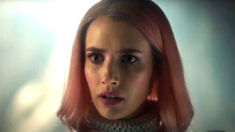 Emma Roberts shocked expression pink hair