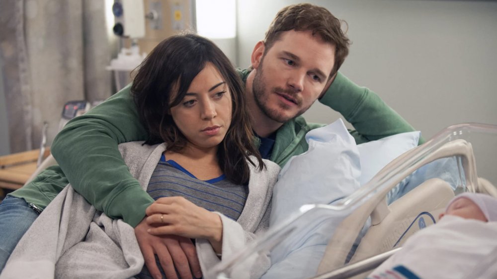 Aubrey Plaza as April Ludgate and Chris Pratt as Andy Dwyer on Parks and Recreation