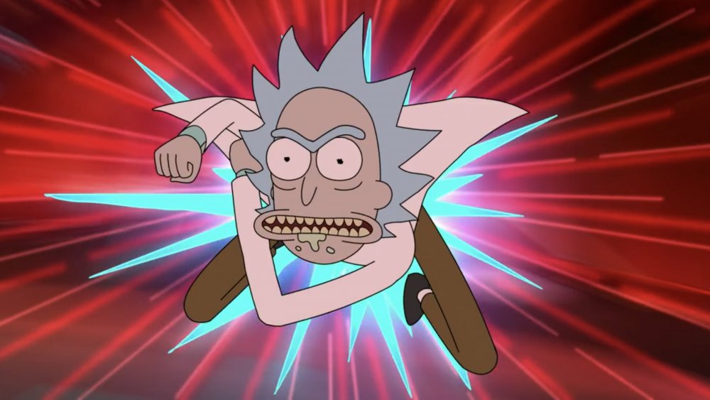 Rick flying and punching through the air while fighting Phoenixperson on the Rick and Morty season 4 finale