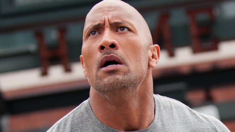 Dwayne Johnson looks up in San Andreas