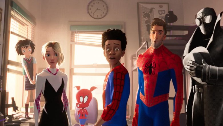 Peni, Gwen, Spider-Ham, Miles, Peter, and Spider-Man Noir