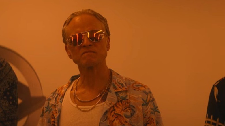 A man in Hawaiian shirt looks on