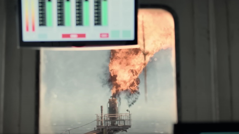 View of the rig on fire 