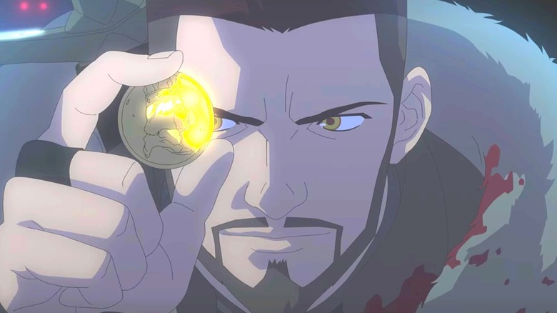 Animated Vesemir holding a coin