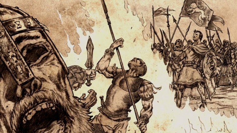 A drawing of Aegon wielding a spear in battle in Game of Thrones