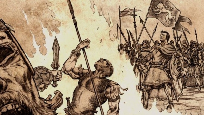 A drawing of Aegon wielding a spear in battle in Game of Thrones