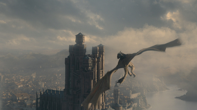 A dragon flying around Dragonstone on House of the Dragon
