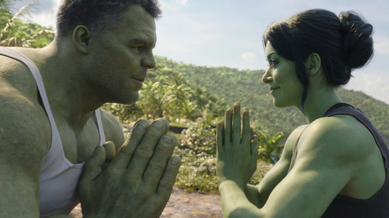 Smart Hulk and She-Hulk practice meditation in "She-Hulk: Attorney at Law" (2022)