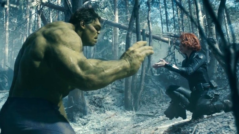 Black Widow helps calm Hulk down in "Avengers: Age of Ultron" (2015)